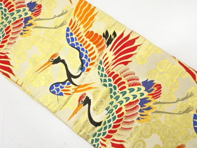 未使用　美品　昭和レトロ　アンティーク　鶴に松葉丸模様織り出し袋帯　朱赤　d29 未使用 美品 昭和レトロ アンティーク 鶴に松葉丸模様織り出し袋帯 朱